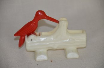 127) Vintage Barware Toothpick Holder And Retriecer Plastic Bird On Branch 4.5'
