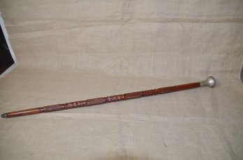 (#13) Wood Hand Craved Walking Stick Silver Top Hand Grip And Bottom Tip 37'