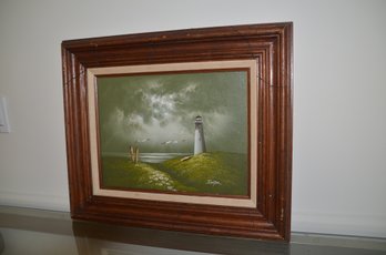 (#25) Framed Painting On Canvas Of Light House Signed Easter 24x19.5
