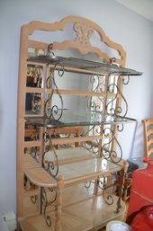 1) Wood Pueblo Furniture Bakers Rack With Brass Metal Shelves And Glass