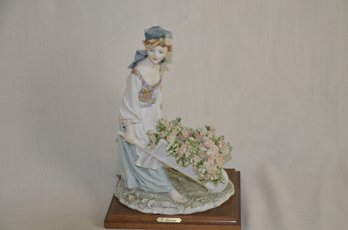 92) Giuseppe Armani Porcelain Lady With Flower Wheelbarrow Figurine 11'H