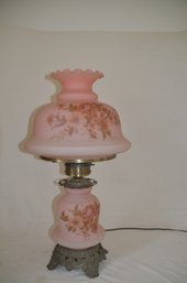 12) Vintage Hurricane 3 Way Table Lamp Pink Satin Frosted Glass Floral With Gold Gone With The Wind