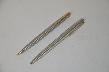 (#411) Parker Stainless Ball Pen And Pencil Set (no Case) - Works