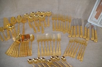 167) Gold Plated Flatware Set Rose Pattern 70 Pieces Serves Of 8 With Serving Pieces - See Description
