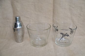 (#43LS) Vintage Silver Duck Detail Glass Ice Buckets 5'H And Small Stainless Cocktail Shaker 7.5