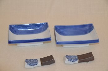 108) Japanese Sushi Soy Sauce Dish And Chopstick Holder Set Of 2 Each