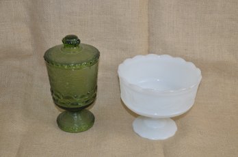 (#112) White Milk Glass Compote EO Brody Co. M600 ~ Green Glass Covered Compote