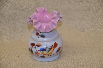 (#91) Vintage Pink Ruffled Small Hand Painted Design Vase