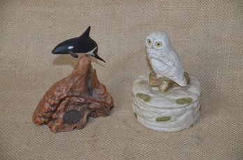 (#26) Porcelain Trinket Owl Covered Box 4'H ~ John Perry Wooden Whale Figurine