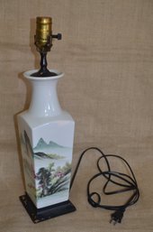 (#35) Ceramic Oriental Motif Lamp Wood Footed Base - Works
