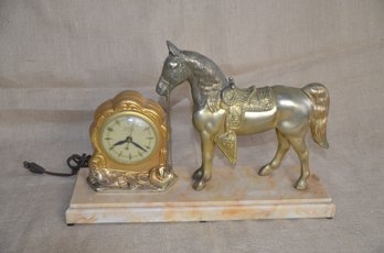 (#109) Mantle Clock Metal Horse Plastic Base United Shelf Starting Clock) - Not Tested