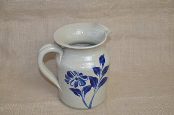 (#36) Tan Pottery WPF Juice Pitcher Blue Floral Design 8'H