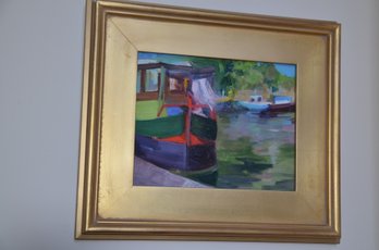 (#170) Framed Docked Boat At Harbor Original Artist Linda Ruden Of Sea Cliff Oil Painting