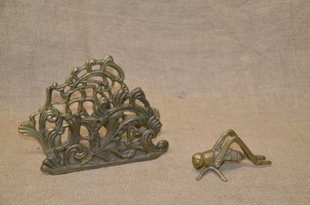 (#94) Brass Napkin Holder And Grasshopper Figurine