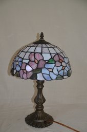 16) Tiffany Style Table Lamp Pink, Blue, Purple Plastic Shade (2-3 Cracks) Metal Base 19'H