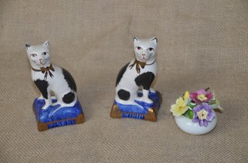 (#29) Porcelain Miniature Cat Figurines And Aynsley Bone China Floral Arrangement (Some Chips)