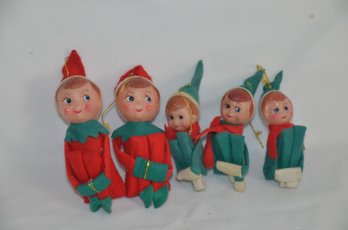 (#18) Vintage Elf On The Shelf Ornaments Set Of 5
