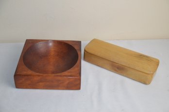 (#80) Wood Trinket Box 8.5x2.5 And Wood Tray 6x6