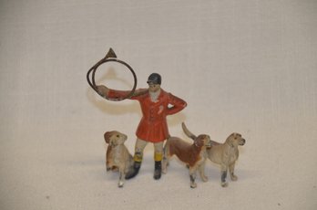 387) Cast Iron Hand Painted Hunt Scene Horse And Hounds Equestrian Miniature Figurine 3x2.5