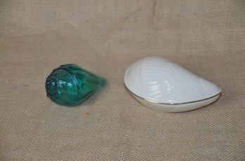 (#31) Lenox Covered Mussel Shell Trinket Box 4x2 And Greenish Blue Glass Sea Shell 3'