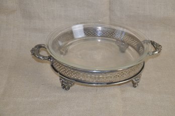 (#119) Silver-plate Serving Handle Casserole Footed Round Tray With 10' Pyrex
