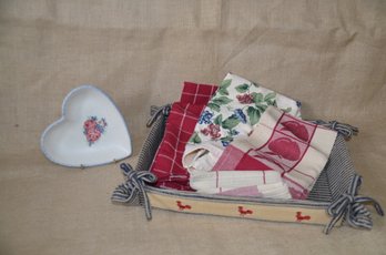 (#75) Kitchen Towels, Fabric Bread Basket, Heart Porcelain Trinket Bowl 7'