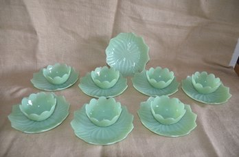 (#34) Vintage Jade Jadeite Glass Lotus Leaf & Blossom Plate & Bowl Set