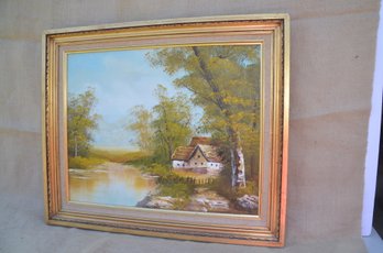 (#153) Vintage Wood Framed Painting ' Home Of River ' 24x20 Signed Ressel