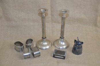 (#122) Lot Of Silver Plate Chrome:  International Candlestick Holders ~ Match Box Holder ~ Cat Candle Snuffer