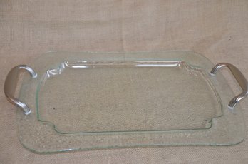 (#122) Glass Serving Tray Chrome Handles 18x12