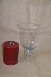 (#80) Glass Hurricane Candle Holder With Pillar Candle 12'H