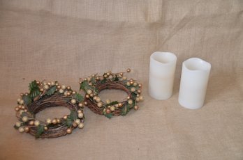 (#82) Pair Of Battery Operated Pillar Candles 5' Works ~ Decorative Candle Wreaths (2)