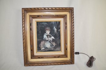 100) Vintage Framed Light Box Victorian Girl Sitting Holding Dog Plastic Picture Cracked