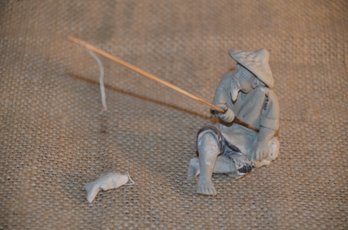 (#218) Vintage Trinket Chinese Mudman Fishing With Fishing Pole & Fish Ceramic Figurine 2'H