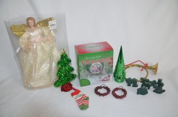 (#27) Assorted Lot Of Christmas Tree Ornaments And Decor: Tree Top Angel 13'H, Digital Photo Ornament