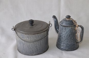 18) Vintage Gray Enamel Ware Tea Pot AND Round Handle Bucket Pail