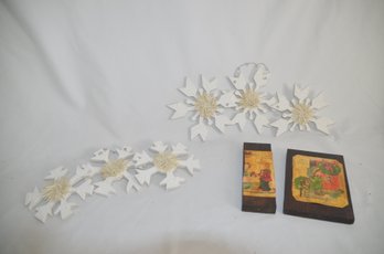 (#28) Wood Snow Flake Wall Hanging 17' Lot Of 2 And Vintage Home Made Wood Decorative Plaques