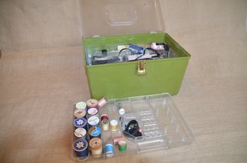 (#128) Sewing Notions Box Full Threads, Buttons, Tools