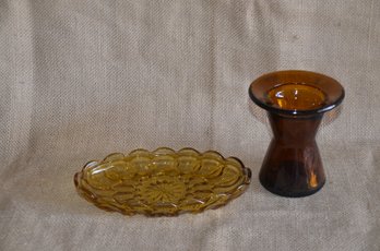 (#104) Amber Glass Trinket Relish Dish 7x4 ~ Dansk Design Ltd. Amber Glass Candle Holder Vase 4'