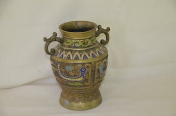 3) Antique Vintage Chinese Japanese Brass Enamel Champleve Vase 6'H