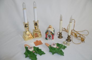 (#29) Vintage Pair Of Holland Mold Holly Candleholders, Electric And Battery Candle Stick Lights,