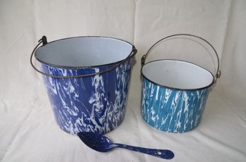 21) Enamel Tin Handled Bucket Pail Set Of 2 ( 11' Round And 8.5' Round)