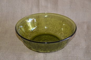 (#105) Vintage FTD Light Green Glass Serving Bowl Etched Floral Design 7x3
