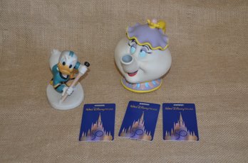 (#54) Lot Of Disney Items: Donald Duck ~ Mrs. Pots Plastic Disney Bank  ~ Disney 50th Luggage Tags