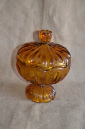 (#106) Vintage Amber Glass Anchor Hocking Round Footed Compote Candy Dish Bowl And Scalloped Lid 9'Tall