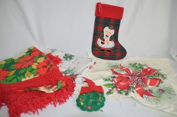 (#30) Lot Of Christmas Decor: 70' Round Fabric With Fringe And 72x72 Plastic Table Cloth, Decorative Stocking