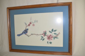 105) Cross Stitched Needlepoint Bird On Branch Framed 30x33