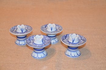 (#85) Ceramic Blue And White Candle Stick Holders Unmarked