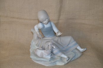 (#31) Charming Llardo Matte Finish Girl With Goat Porcelain Figurine 9'H