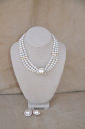 (#166) Pearl And Matching Clip Earrings Costume Jewelry Set